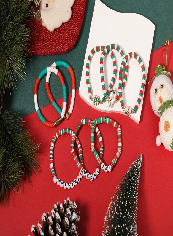 ecozran Christmas Bracelets Set 8PCS Stack-able Stretchy Beaded Bracelets Cute Merry Christmas Holiday Jewelry Santa Reindeer Christmas Tree Star Charms for Women (Chris-tmas-3) - Image 3
